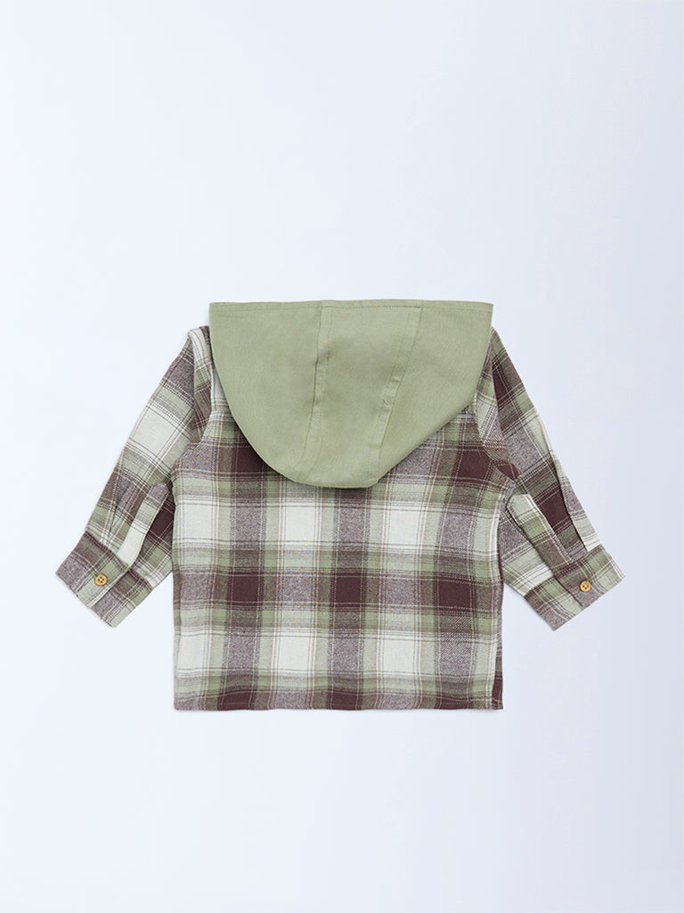 HOP Baby Olive Checkered Cotton Hooded Shirt - Image 2