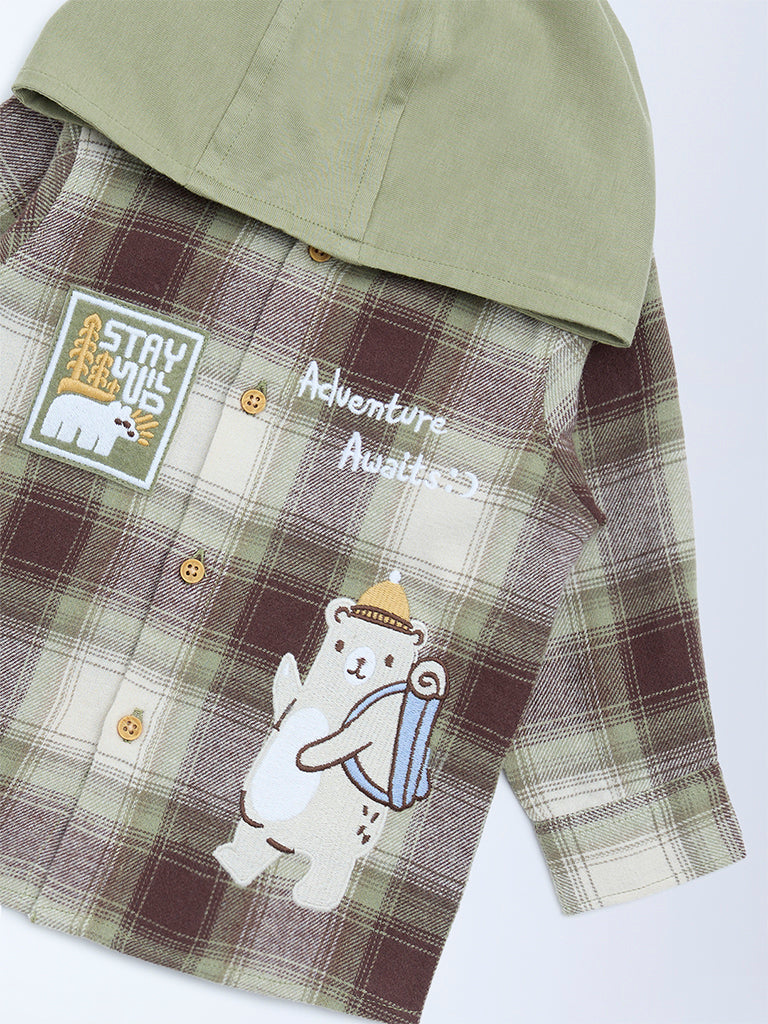 HOP Baby Olive Checkered Cotton Hooded Shirt - Image 3