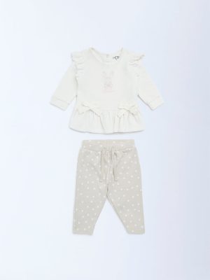 HOP Baby White Cotton-Blend A-Line Dress with Pants Set