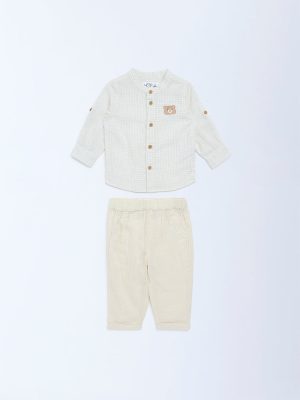 HOP Baby Beige Checkered Cotton-Blend Shirt and Pants Set