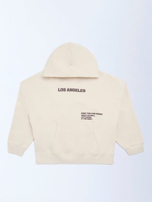 Y&F Kids Light Beige Text Printed Cotton-Blend Hoodie