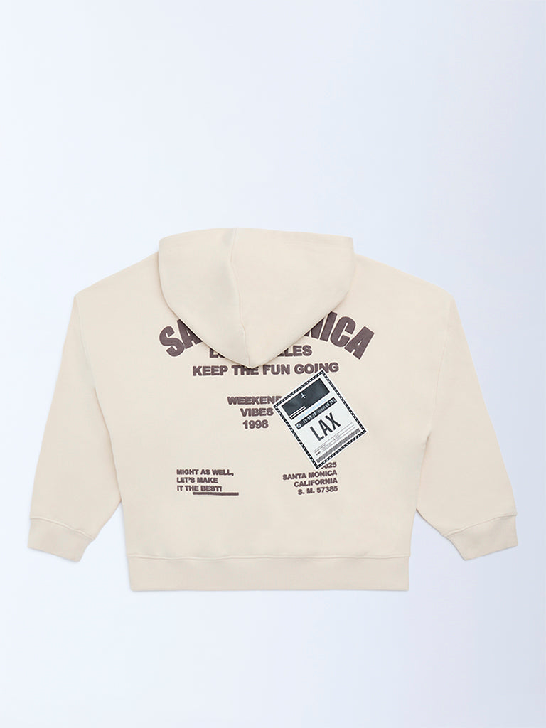 Y&F Kids Light Beige Text Printed Cotton-Blend Hoodie - Image 2