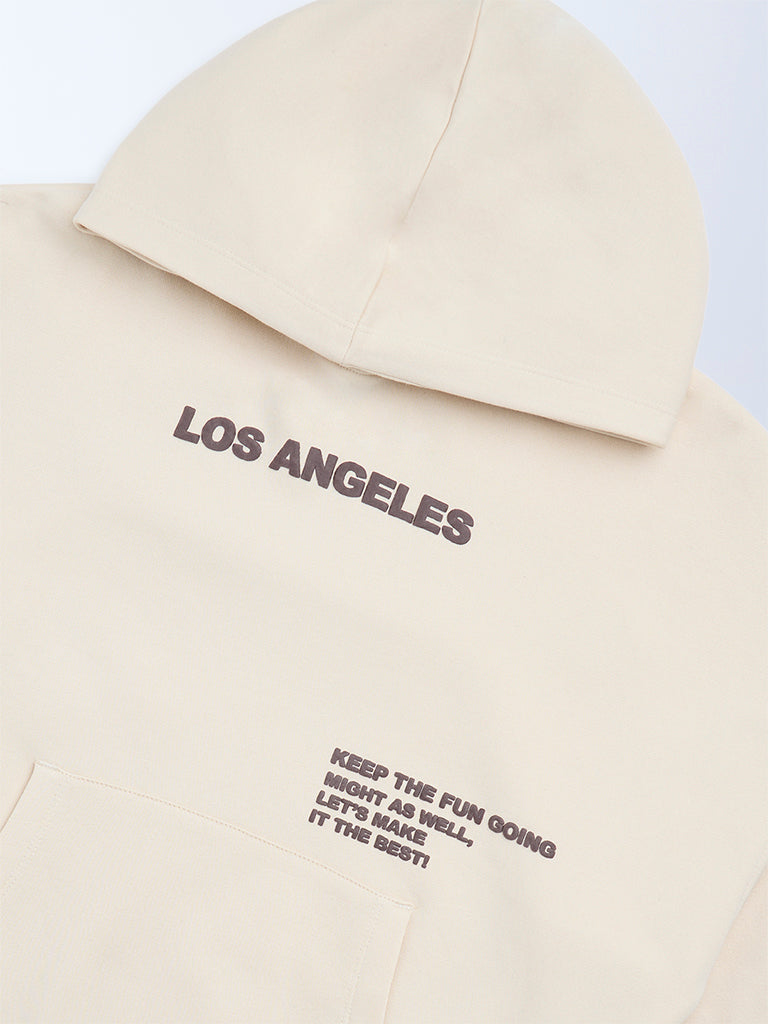 Y&F Kids Light Beige Text Printed Cotton-Blend Hoodie - Image 3