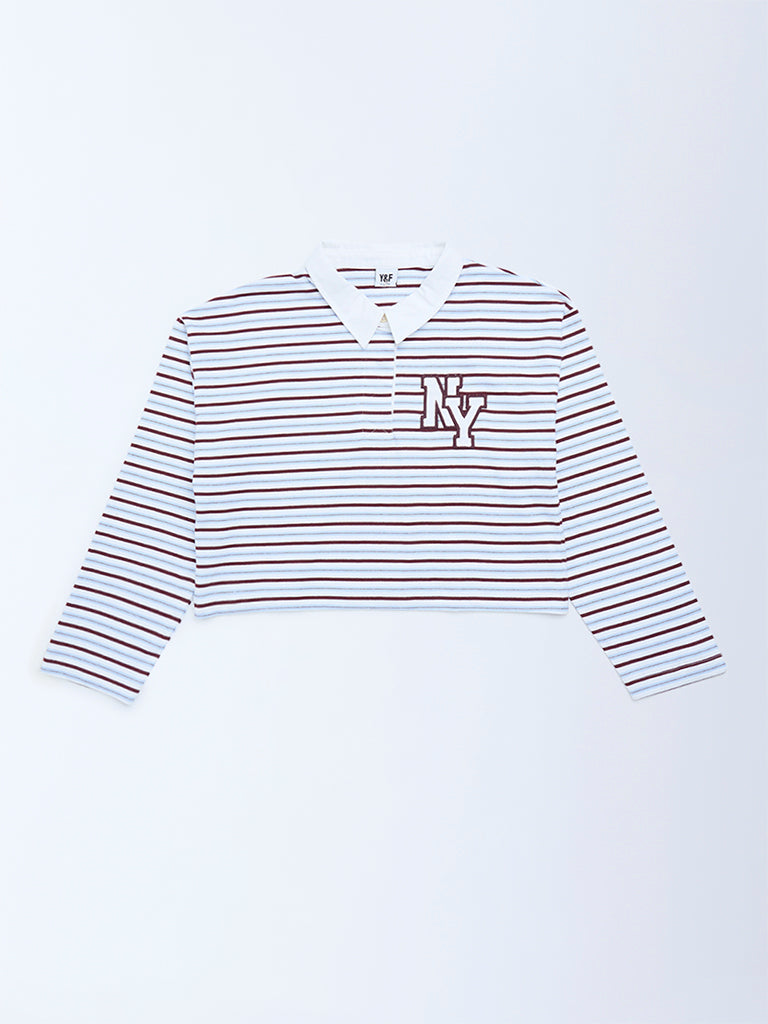 Y&F Kids Brown Striped Cotton Polo T-Shirt