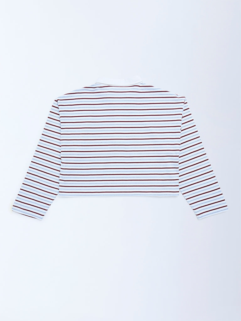 Y&F Kids Brown Striped Cotton Polo T-Shirt - Image 2