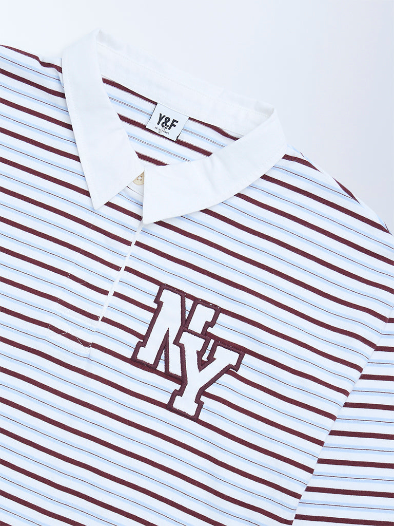 Y&F Kids Brown Striped Cotton Polo T-Shirt - Image 3