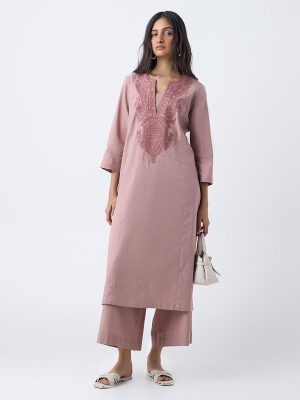Utsa Dusty Pink Floral Embroidered A-Line Cotton Kurta