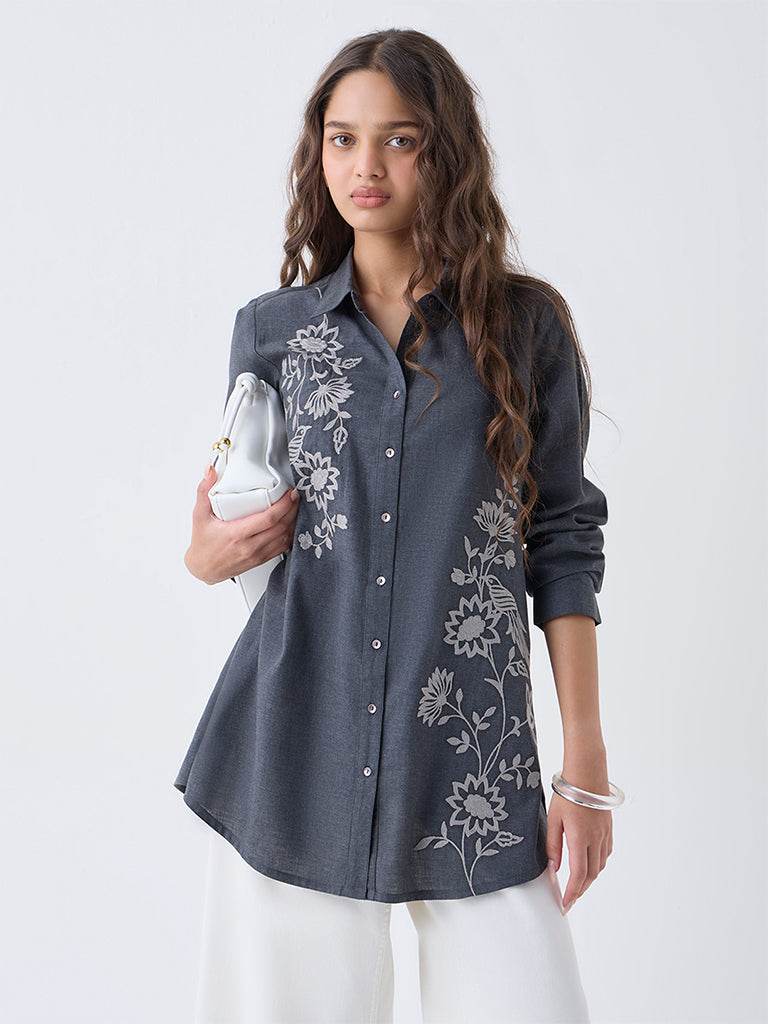 Utsa Charcoal Floral Embroidered Cotton Tunic