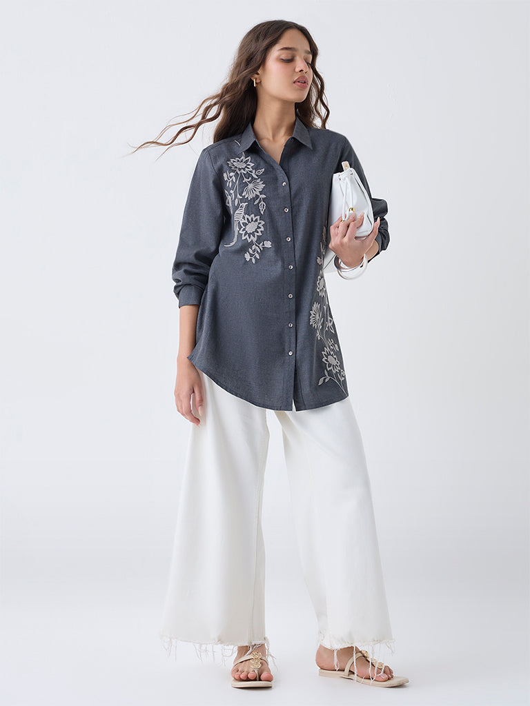 Utsa Charcoal Floral Embroidered Cotton Tunic - Image 2