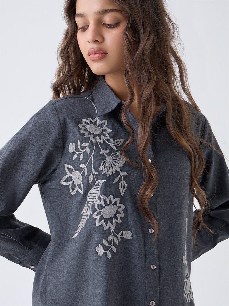 Utsa Charcoal Floral Embroidered Cotton Tunic - Image 3