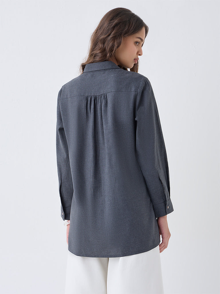 Utsa Charcoal Floral Embroidered Cotton Tunic - Image 4