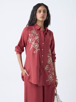 Utsa Rust Floral Embroidered Cotton Tunic