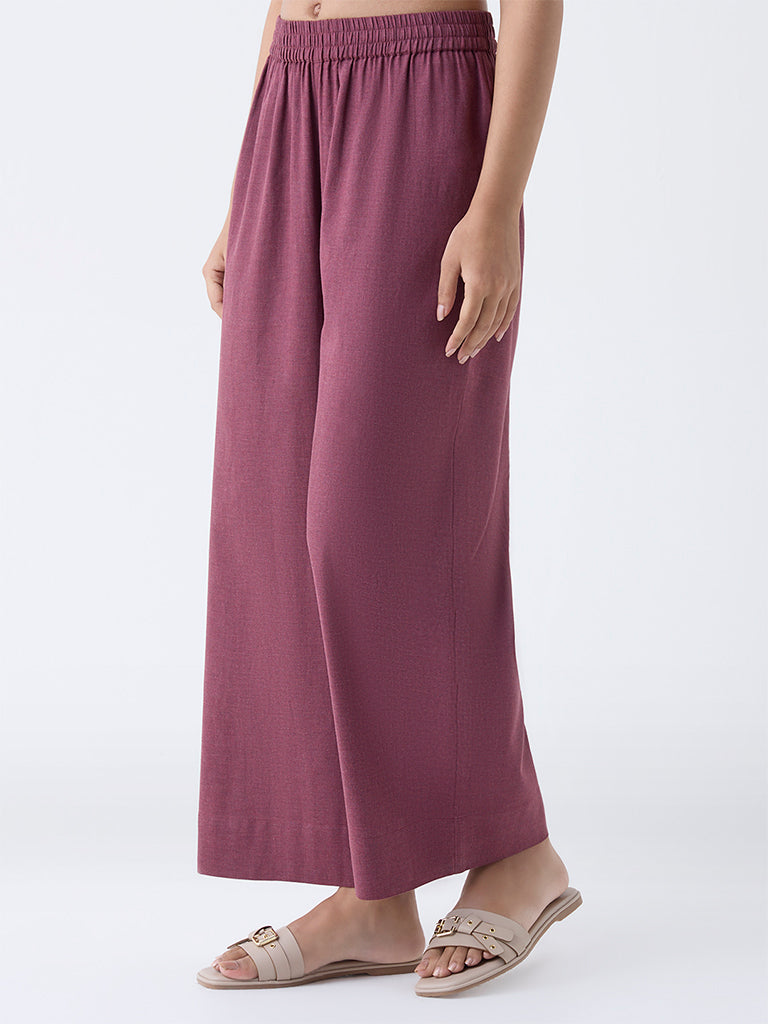 Utsa Wine Solid Cotton Palazzos