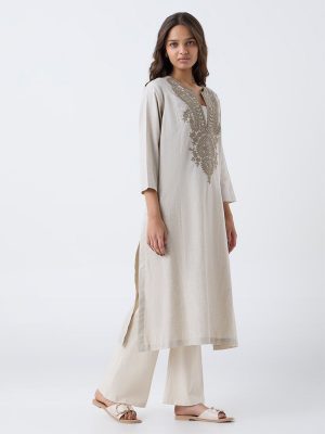 Utsa Beige Embroidered Cotton A-Line Kurta