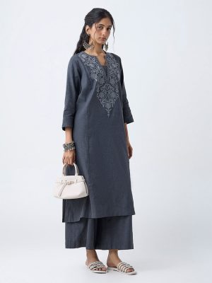 Utsa Charcoal Floral Embroidered A-Line Cotton Kurta