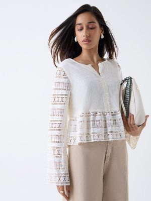 LOV Off-White Embroidered Peplum Top