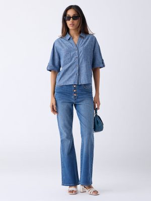 LOV Blue Solid Denim Shirt
