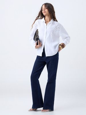 LOV White Floral Embroidered Cotton Shirt
