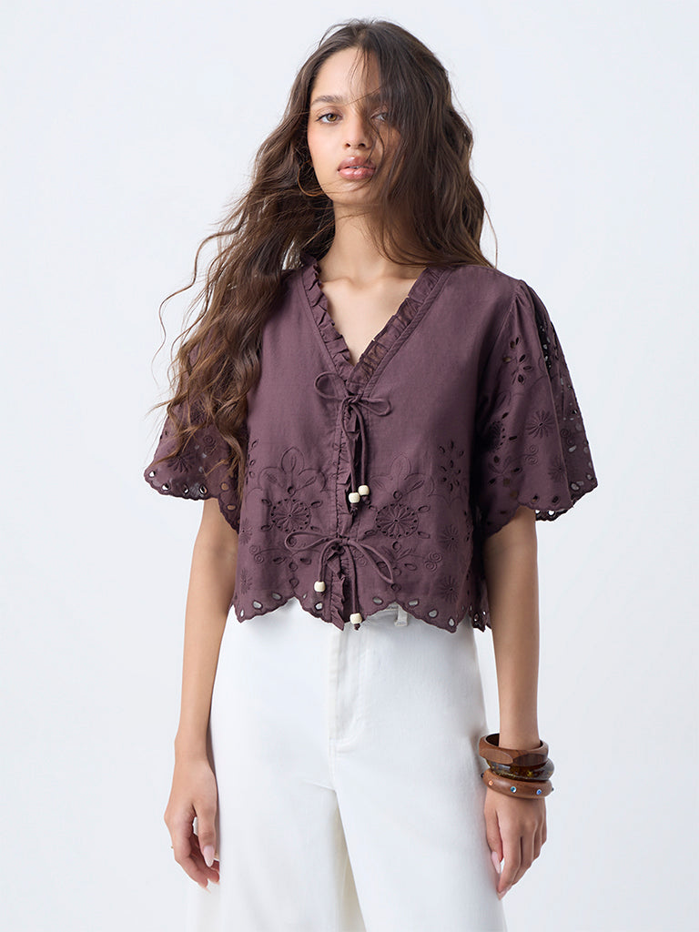 LOV Dark Brown Floral Embroidered Cotton Top