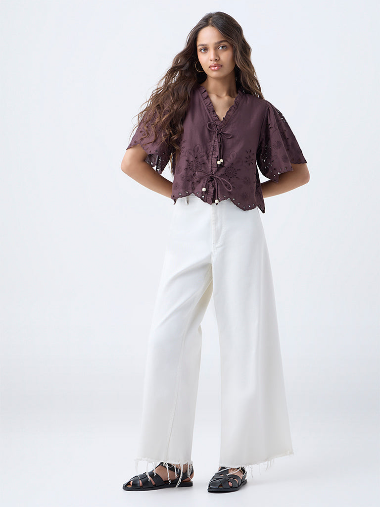 LOV Dark Brown Floral Embroidered Cotton Top - Image 2