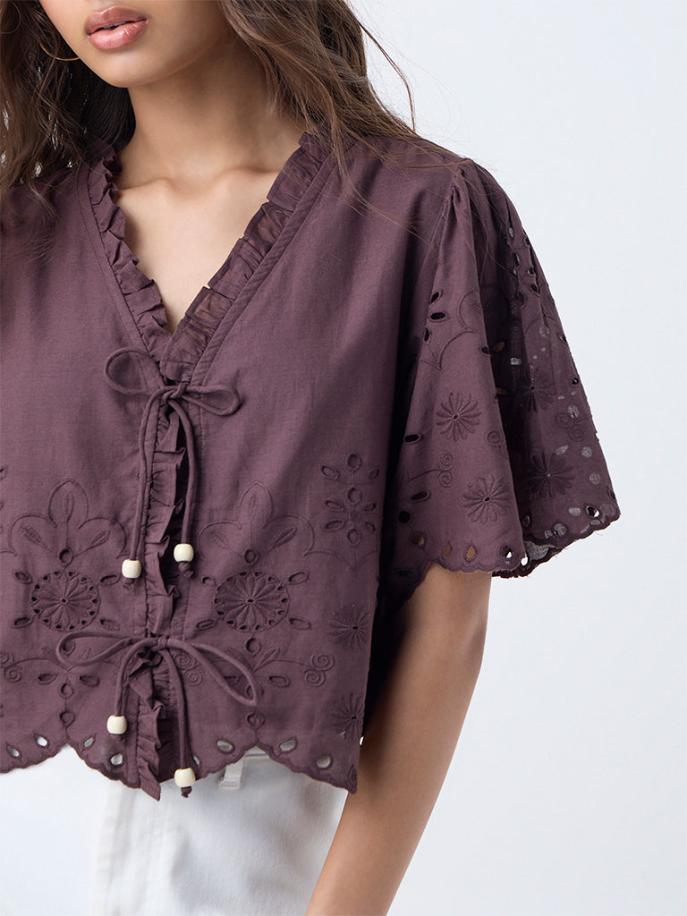 LOV Dark Brown Floral Embroidered Cotton Top - Image 3