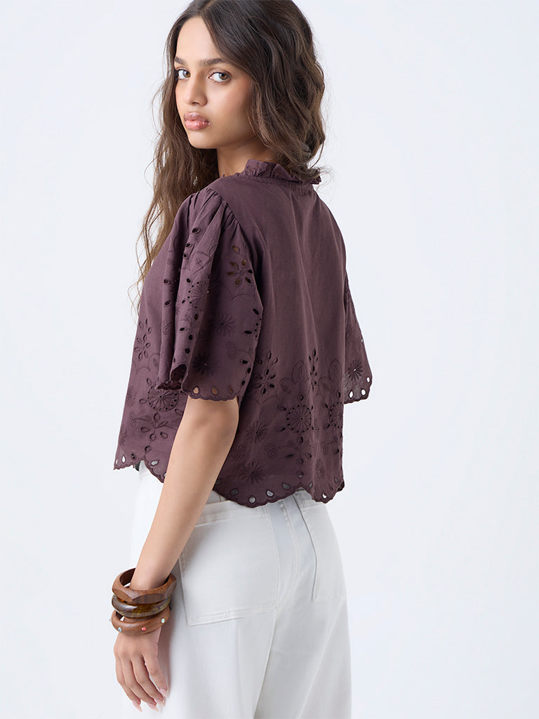 LOV Dark Brown Floral Embroidered Cotton Top - Image 4