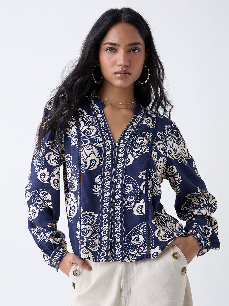 LOV Navy Floral Printed Top