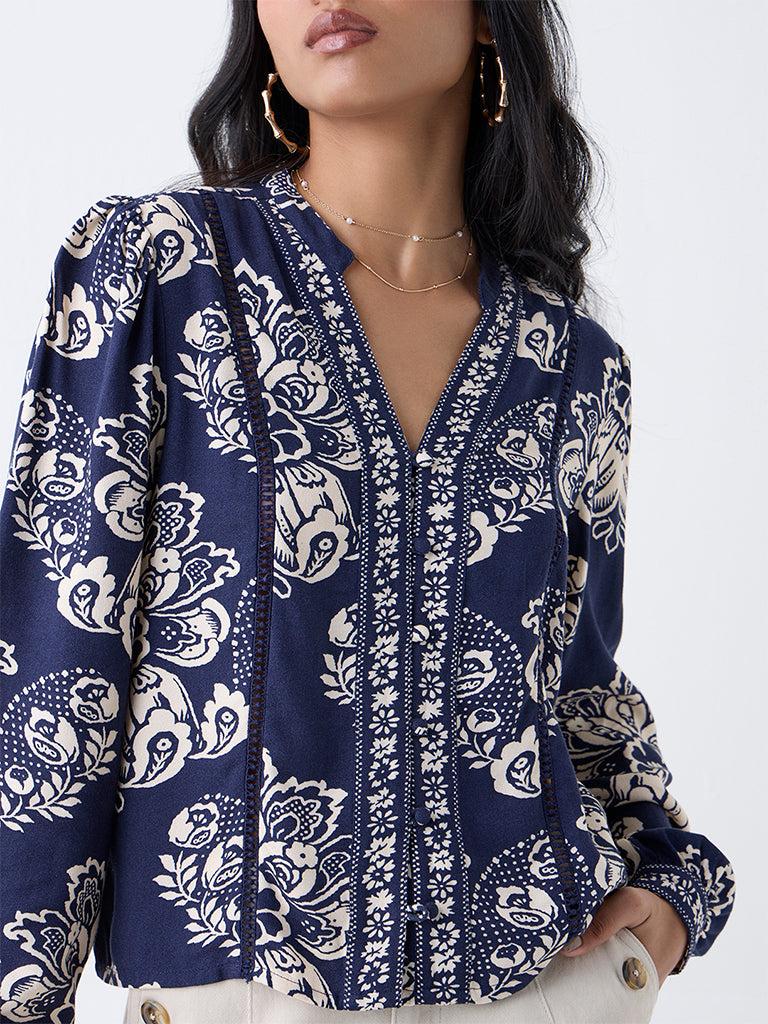 LOV Navy Floral Printed Top - Image 3