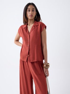 LOV Rust Solid Linen-Blend Shirt
