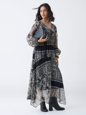 LOV Black Paisley Printed Asymmetric Dress with Belt
