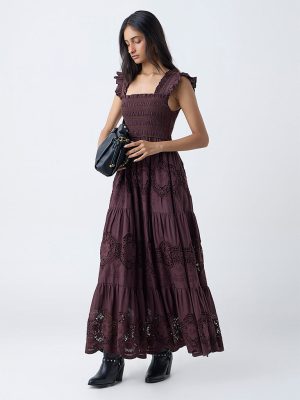 LOV Dark Brown Crochet-Detailed Cotton Tiered Dress