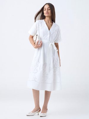 LOV White Embroidered Cotton A-Line Dress with Belt