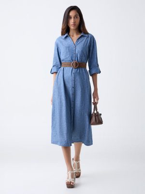 LOV Blue Denim Shirt Dress with Belt