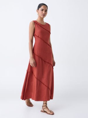 LOV Rust Fringe-Detailed A-Line Dress