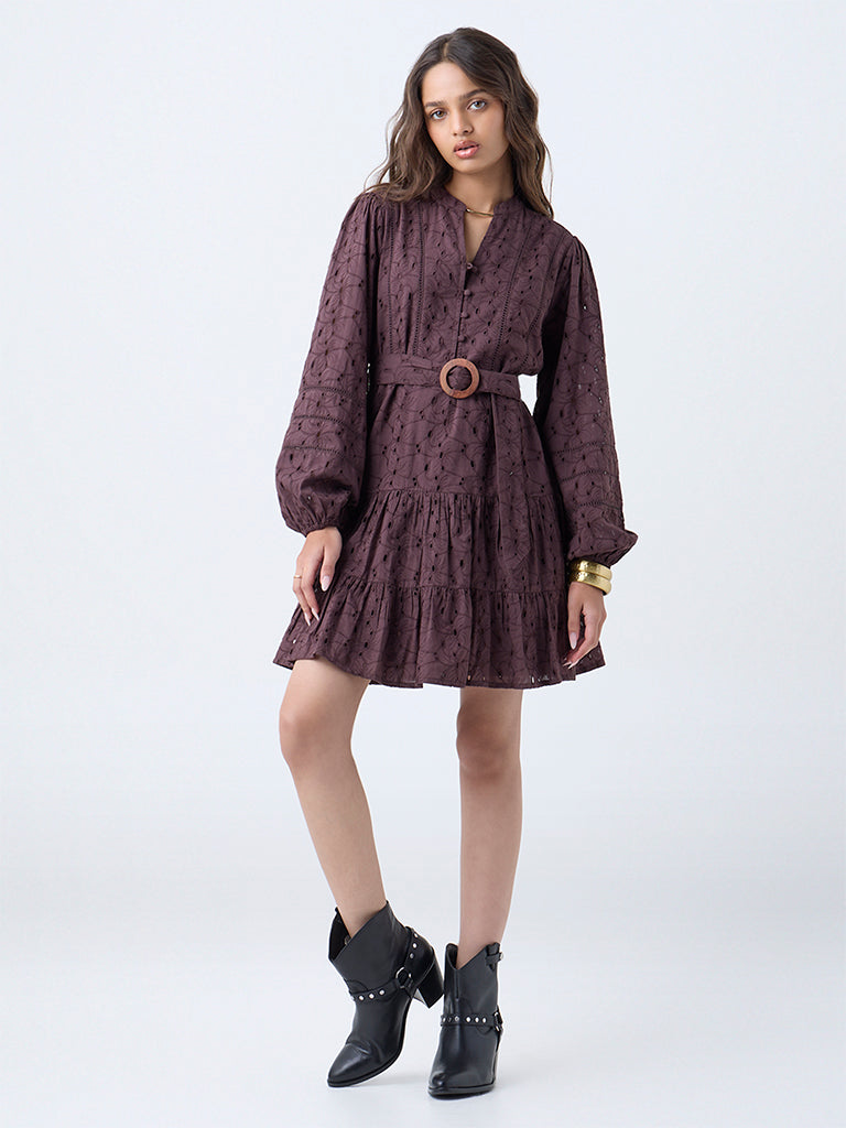 LOV Dark Brown Schiffli Cotton Tiered Dress with Belt