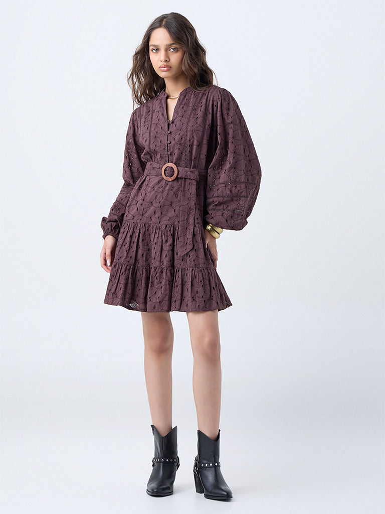 LOV Dark Brown Schiffli Cotton Tiered Dress with Belt - Image 2