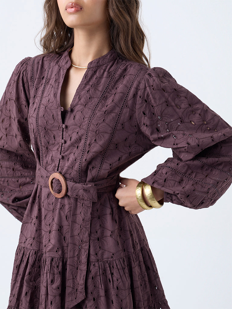 LOV Dark Brown Schiffli Cotton Tiered Dress with Belt - Image 3