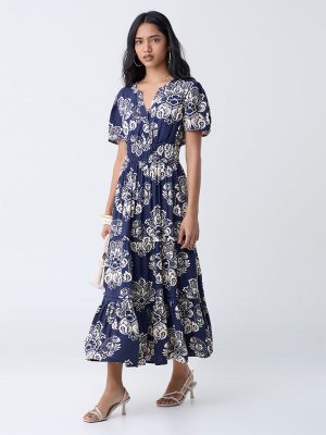 LOV Navy Floral Detailed Tiered Dress
