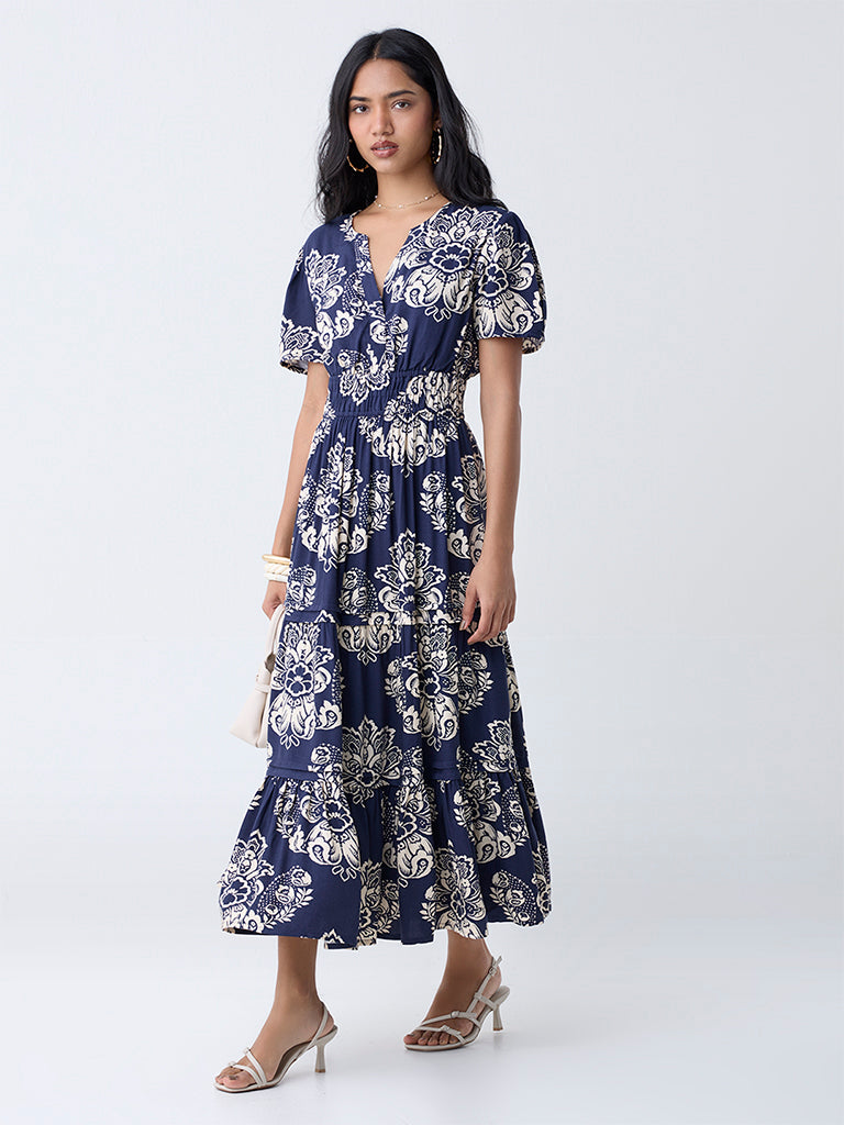 LOV Navy Floral Detailed Tiered Dress