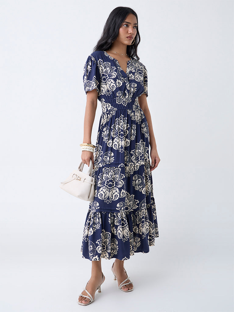 LOV Navy Floral Detailed Tiered Dress - Image 2