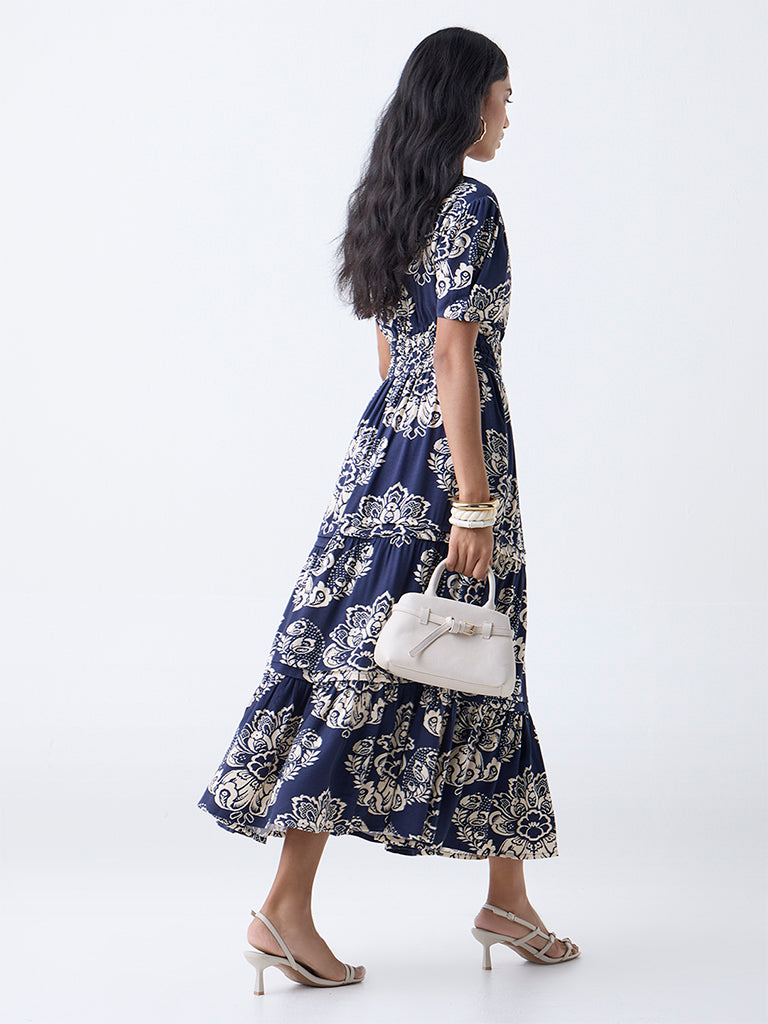 LOV Navy Floral Detailed Tiered Dress - Image 4
