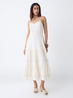 LOV Off-White Stud-Detailed Cotton Tiered Dress