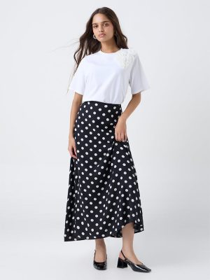 LOV Black Polka Dotted High-Rise Linen-Blend Skirt