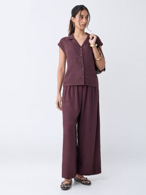 LOV Dark Brown Solid High-Rise Trousers
