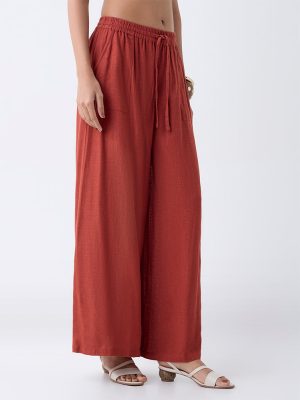 LOV Rust High-Rise Linen-Blend Trousers
