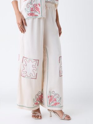LOV Off-White Embroidered High-Rise Pants