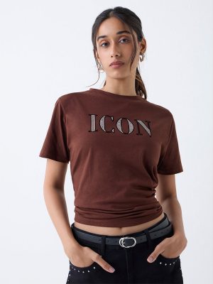 LOV Brown Typographic Cotton T-Shirt