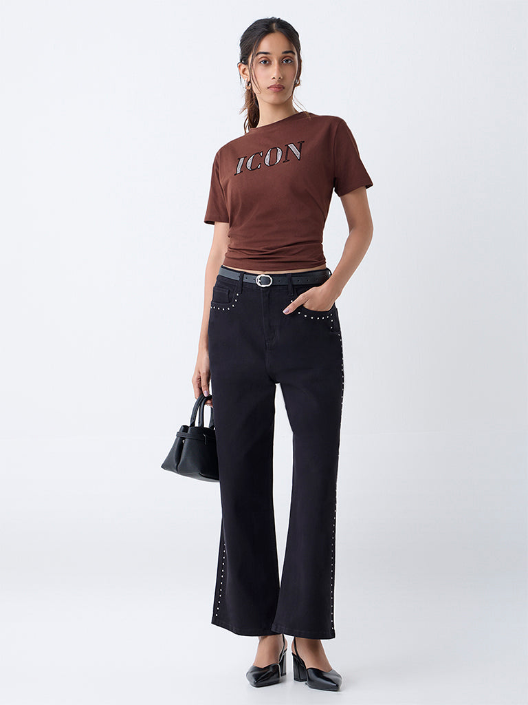 LOV Brown Typographic Cotton T-Shirt - Image 2