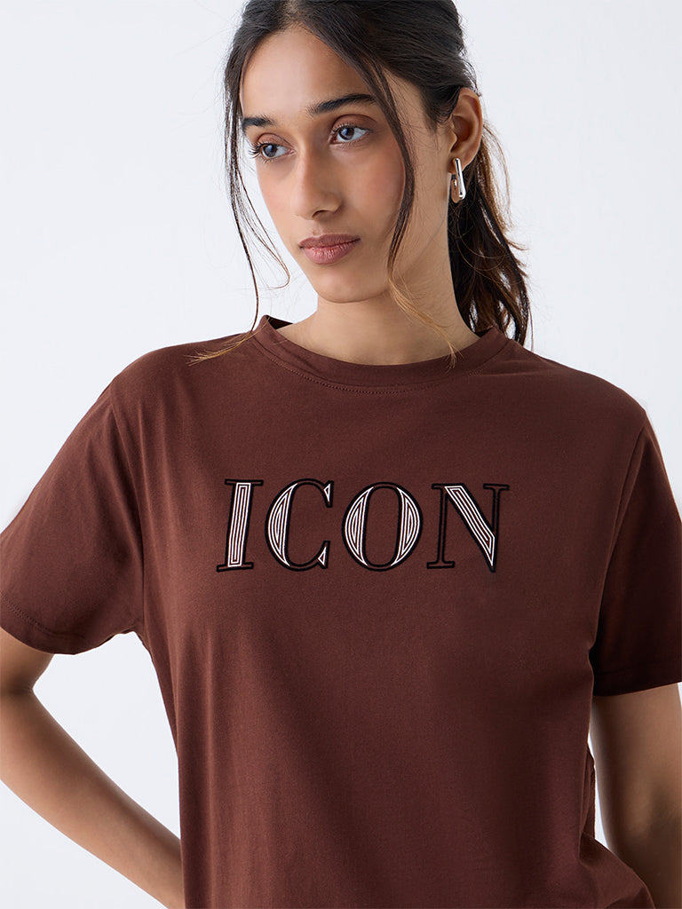 LOV Brown Typographic Cotton T-Shirt - Image 3