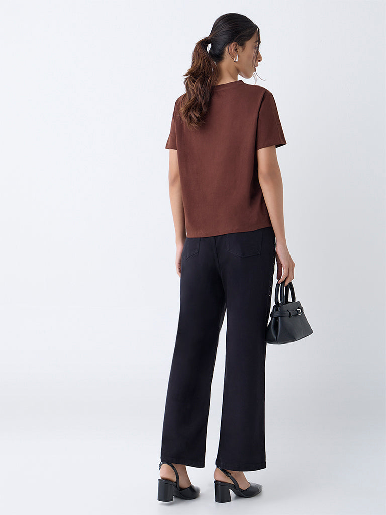 LOV Brown Typographic Cotton T-Shirt - Image 4